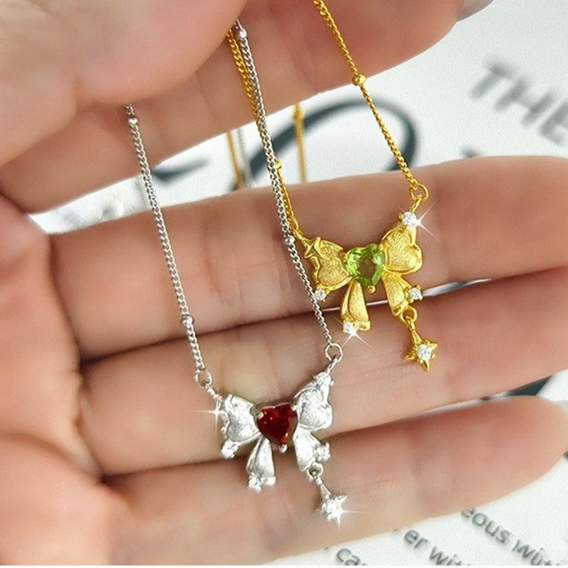 925 Sterling Silver Bow Necklace Mount for 5mm Heart Gemstone, Brushed Finish DIY Collarbone Chain