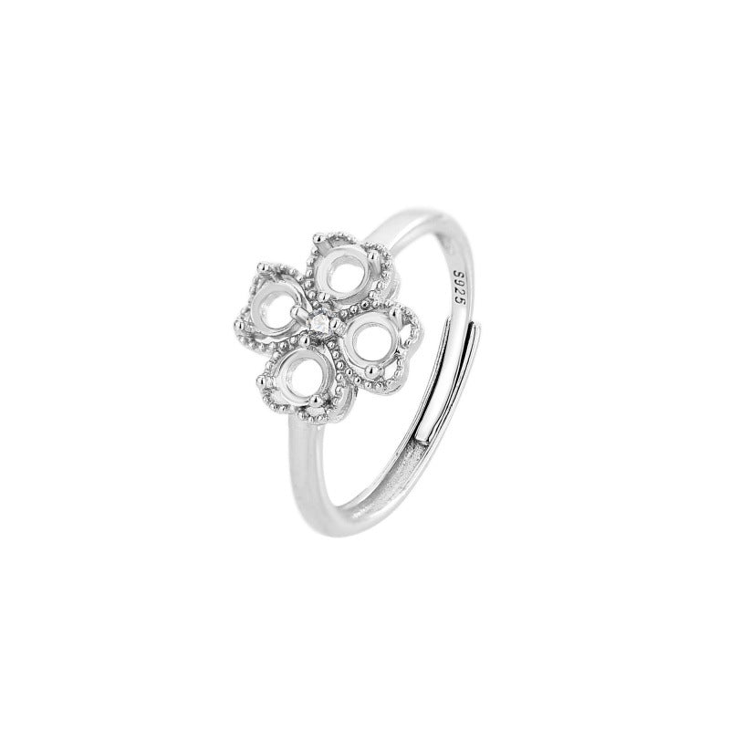 925 Sterling Silver Four-Leaf Clover Ring Mount for 3mm Round Gemstone, Luxury Designer DIY