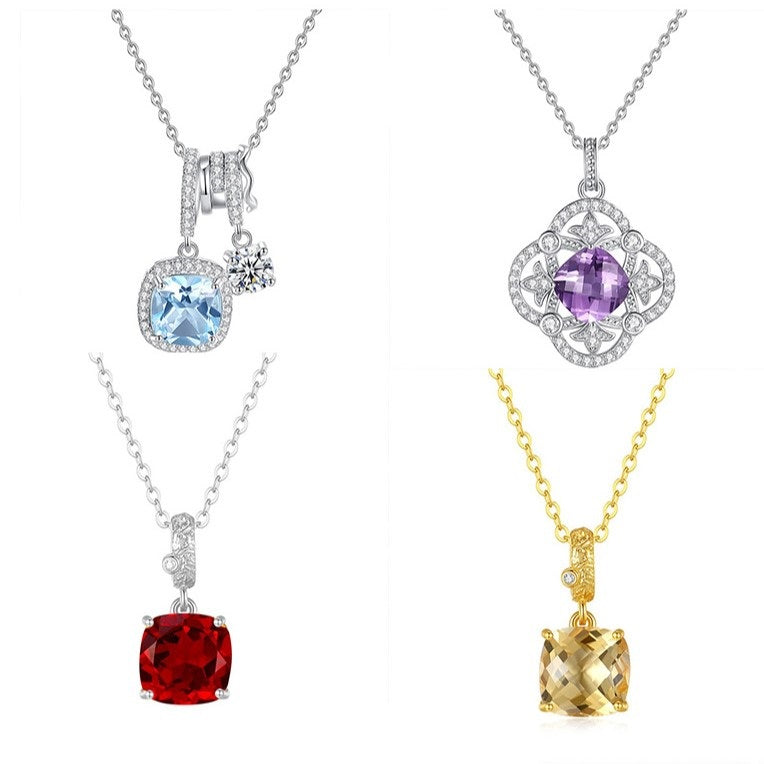 925 Sterling Silver Pendant Mount for 8mm Cushion Gemstone, Classic DIY Collarbone Chain