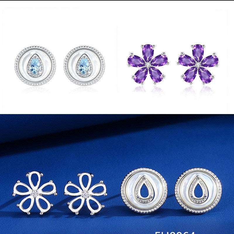 925 Sterling Silver Earring Mount for 3x5mm Pear Natural Stone, Five-Petal Shell Design DIY