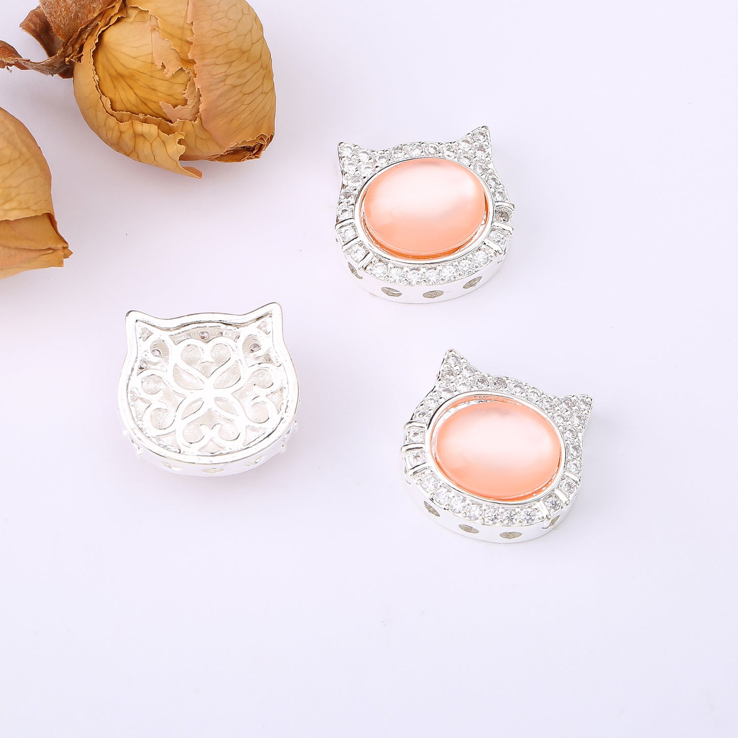 (2pcs)Micro-Pave Cat's Eye CZ Kitten Spacer Bead