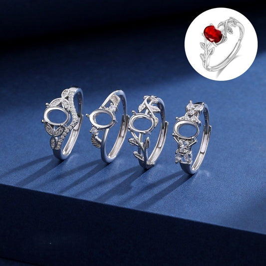 925 Sterling Silver Ring Mount for 5x7mm Oval Colored Stone/Crystal/Jade, Geometric Designer Setting