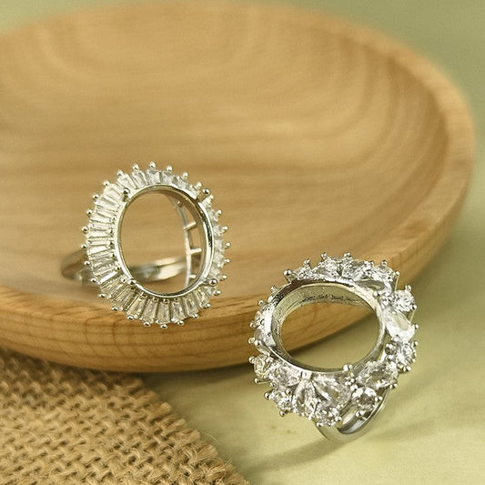 925 Sterling Silver Ring Mount for 13x15mm Oval Gemstone, Unset Full-Paved Luxury DIY