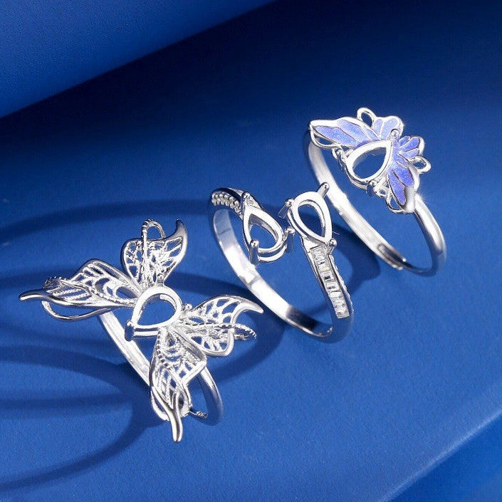 925 Sterling Silver Butterfly Ring Mount for 5x7mm Pear Gemstone, Luxury DIY