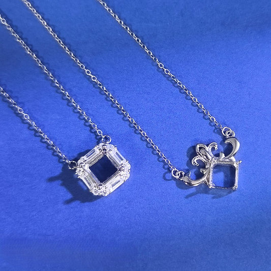 925 Sterling Silver Necklace Mount for 7mm Square Gemstone, Minimalist Designer DIY Collarbone Chain