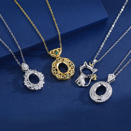 925 Sterling Silver Necklace Pendant Mount for 8x10mm Oval Gemstone, Semi-finished Luxury Collarbone Chain