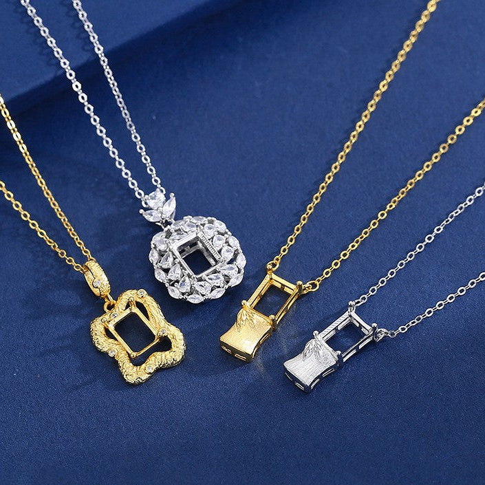 925 Sterling Silver Pendant Mount for 6x8mm Rectangle Gemstone, Original Design DIY Collarbone Chain