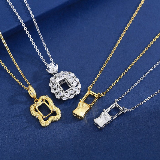 925 Sterling Silver Pendant Mount for 6x8mm Rectangle Gemstone, Original Design DIY Collarbone Chain