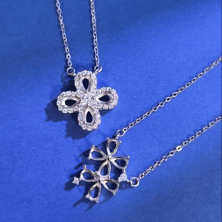 925 Sterling Silver Four-Leaf Clover Necklace Mount for 3x5mm Pear Gemstone, Unset Minimalist DIY