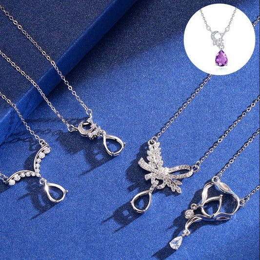 925 Sterling Silver Necklace Pendant Mount for 6x8mm Pear Gemstone, Fashion Luxury Collarbone Chain