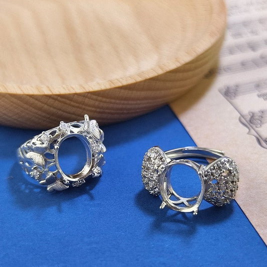 925 Sterling Silver Ring Mount for 10x12mm Oval Gemstone, Openwork Brushed Finish Unset DIY