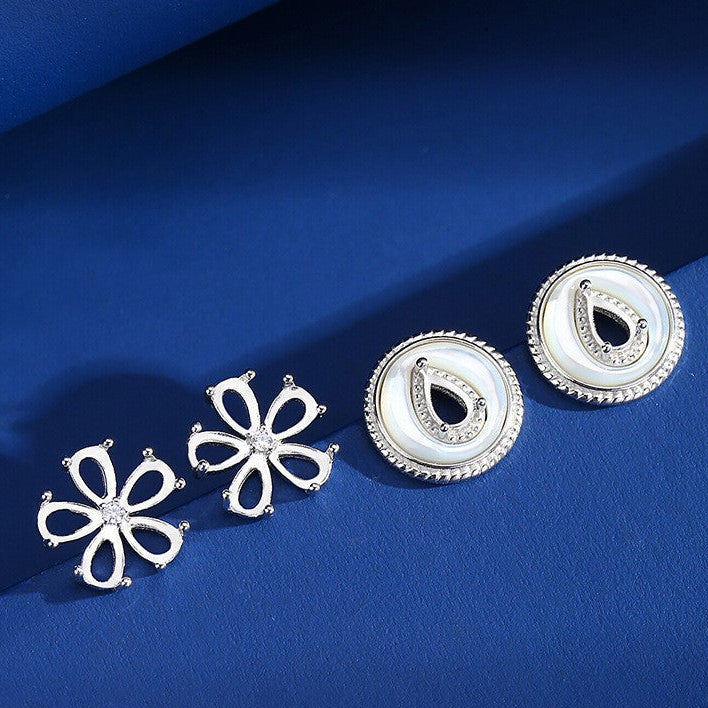 925 Sterling Silver Earring Mount for 3x5mm Pear Natural Stone, Five-Petal Shell Design DIY