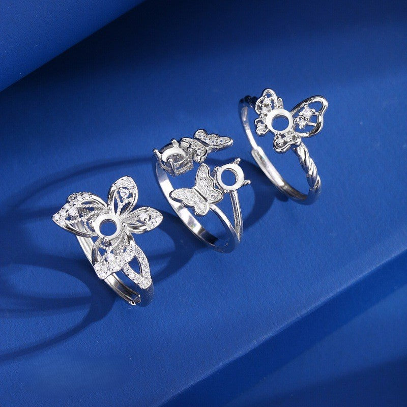 925 Sterling Silver Ring Mount for 4mm Round Gemstone, Butterfly Design Luxury DIY