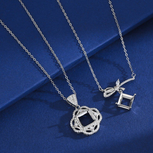 925 Sterling Silver Pendant Mount for 8mm Square Gemstone, Minimalist DIY Collarbone Chain
