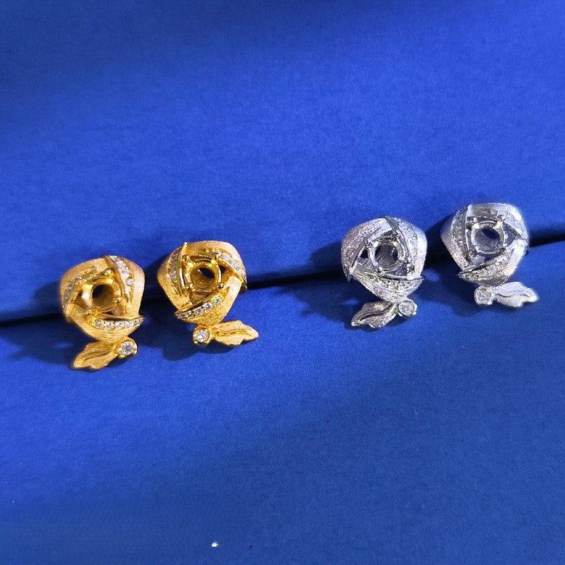 925 Sterling Silver Rose Earring Mount for 4mm Round Gemstone, Brushed Finish DIY