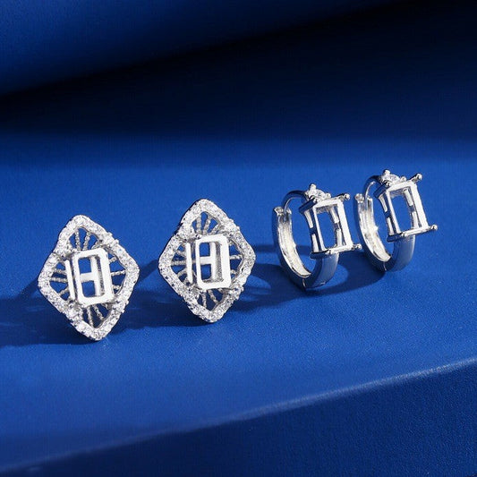 925 Sterling Silver Earrings Mount for 4x6mm Rectangle Gemstone, Minimalist DIY