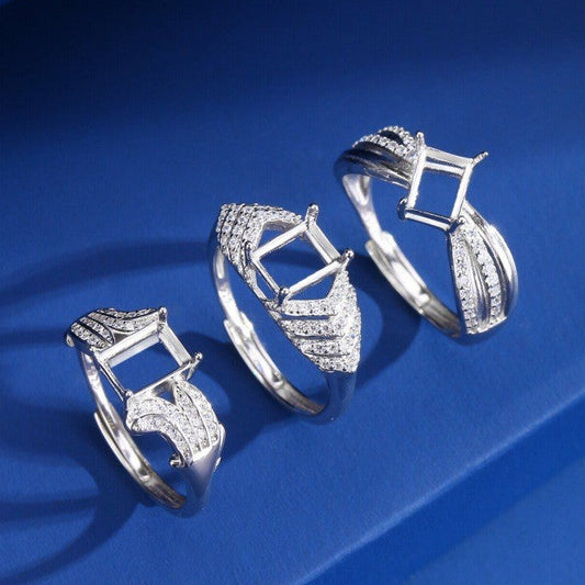 925 Sterling Silver Ring Mount for 5x7mm Rectangle Gemstone, Full-Paved Luxury DIY