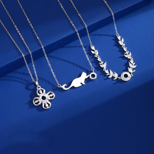 925 Sterling Silver Necklace Pendant Mount for 5mm Round Gemstone, Ins-Style Popular DIY Collarbone Chain