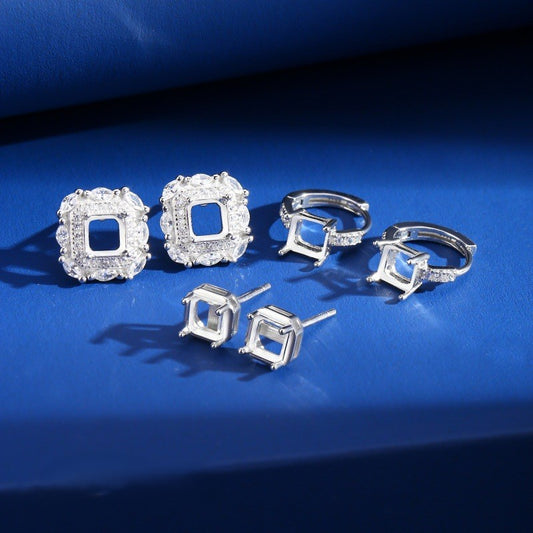 925 Sterling Silver Earrings Mount for 5mm Square Gemstone, Multiple Fashion Styles DIY