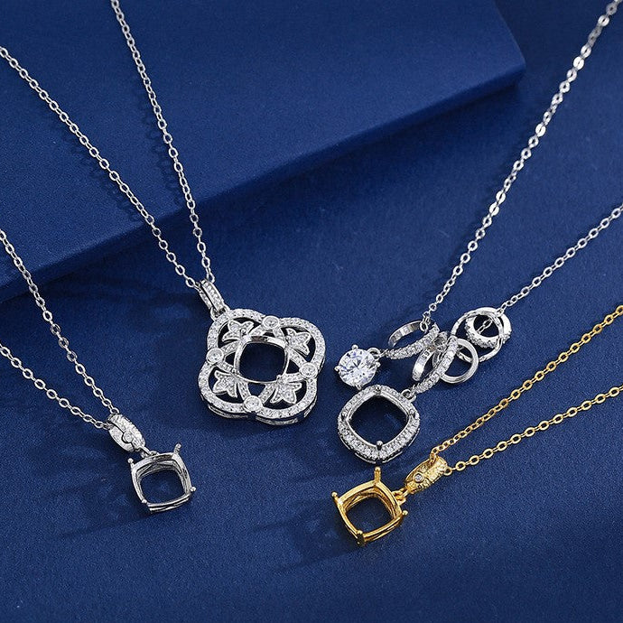 925 Sterling Silver Pendant Mount for 8mm Cushion Gemstone, Classic DIY Collarbone Chain