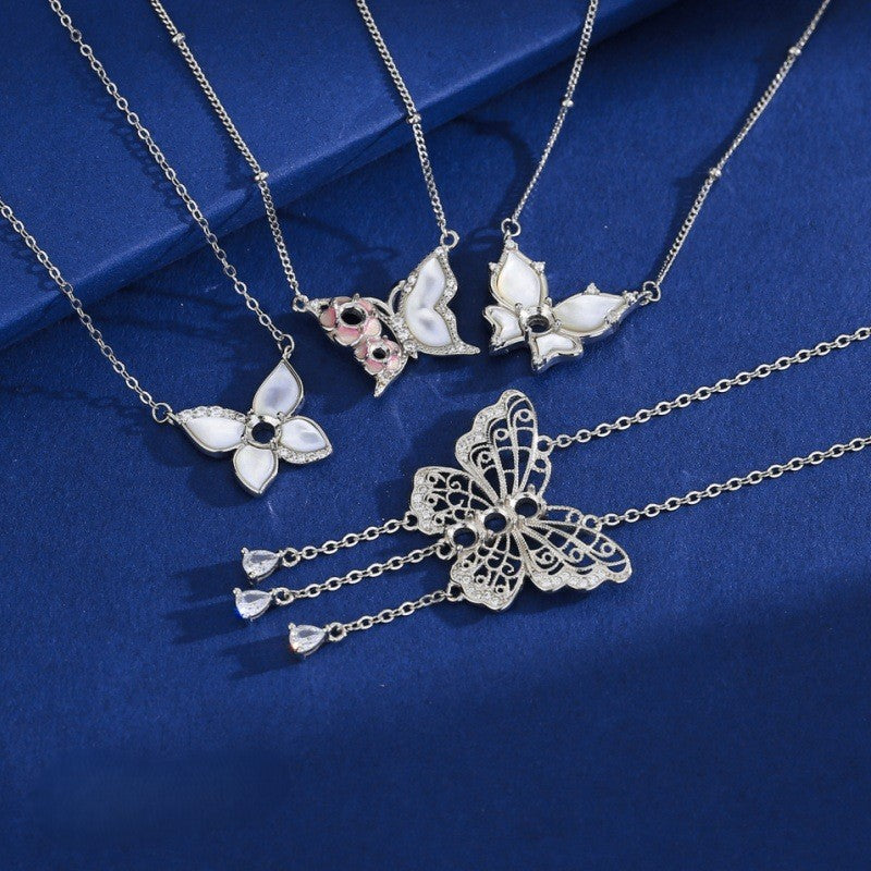 925 Sterling Silver Butterfly Necklace Mount for 4mm Round Mother-of-Pearl Gemstone, Minimalist DIY Collarbone Chain