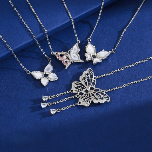 925 Sterling Silver Butterfly Necklace Mount for 4mm Round Mother-of-Pearl Gemstone, Minimalist DIY Collarbone Chain