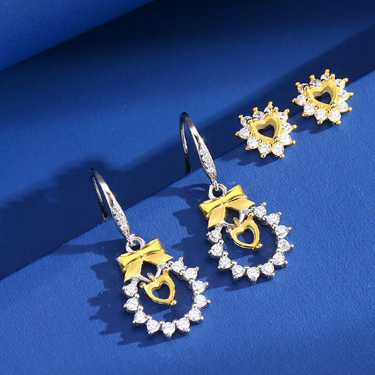 925 Sterling Silver Earrings Mount for 4mm Heart Gemstone, Bow Full-Paved Minimalist Luxury DIY