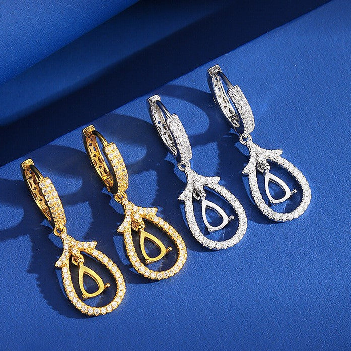925 Sterling Silver Earrings Mount for 4x6mm Pear Gemstone, Fashion Versatile Full-Paved DIY