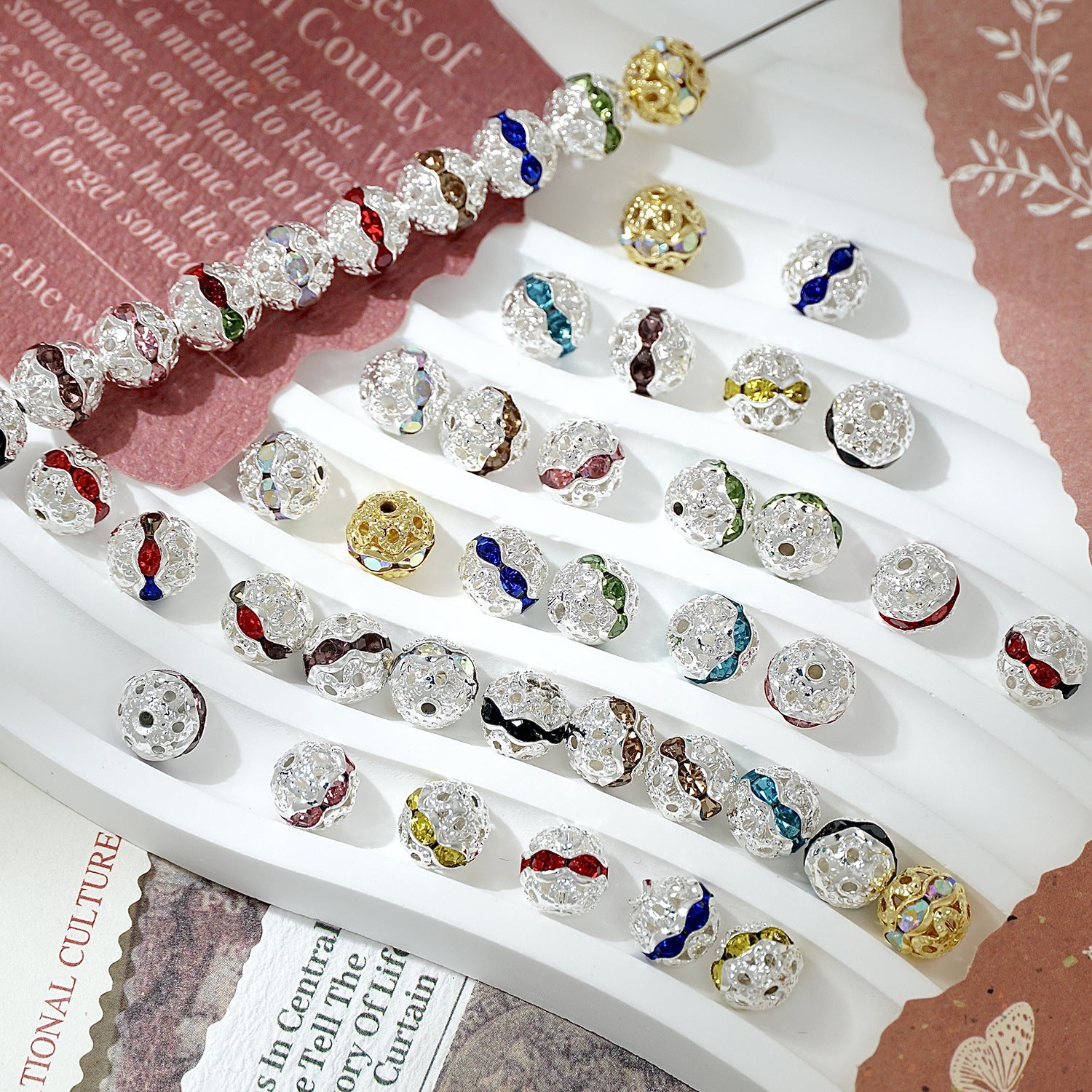 (50pcs)8mm Copper Hollow Floral Ball with Rhinestone Bead Caps / Spacers