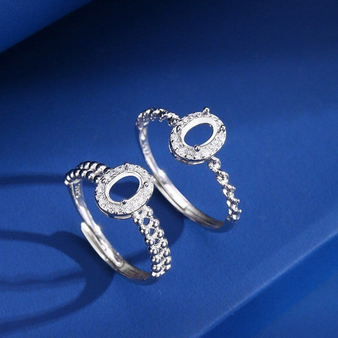 925 Sterling Silver Ring Mount for 4x6mm Oval Gemstone, Adjustable Open White Gold-Plated Shank