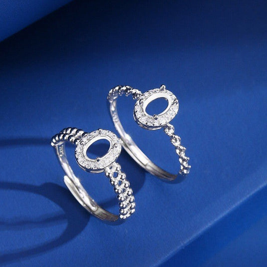 925 Sterling Silver Ring Mount for 4x6mm Oval Gemstone, Adjustable Open White Gold-Plated Shank