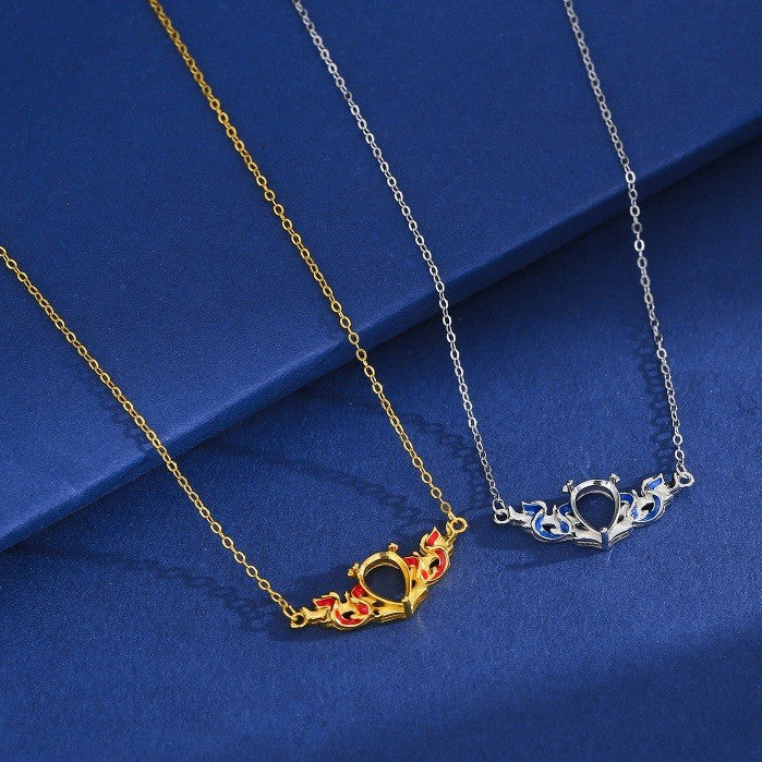 925 Sterling Silver "Nezha" Good Luck Pendant Mount for 6x8mm Pear Gemstone, Red Silk Pattern DIY Collarbone Chain