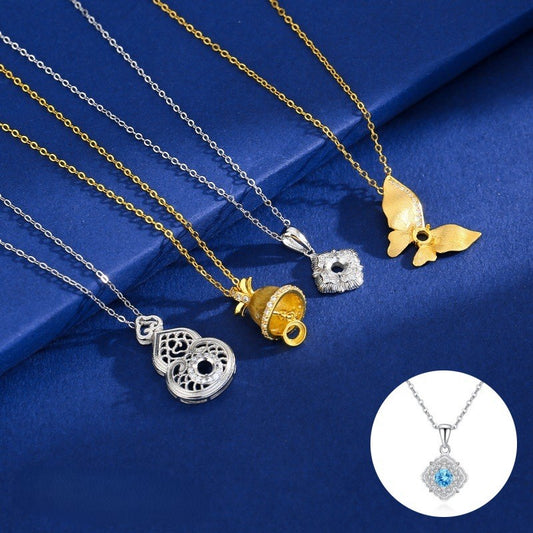 925 Sterling Silver Necklace Mount for 4mm Round Gemstone, New Chinese Style Luxury DIY Collarbone Chain