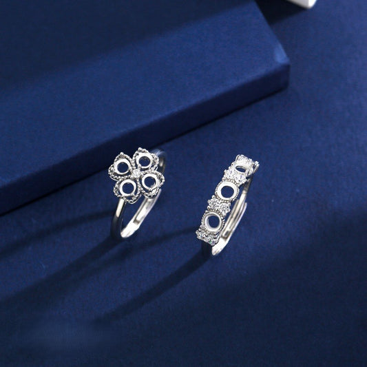 925 Sterling Silver Four-Leaf Clover Ring Mount for 3mm Round Gemstone, Luxury Designer DIY