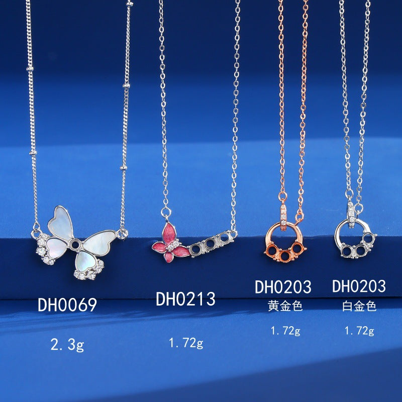 925 Sterling Silver Butterfly Mother-of-Pearl Necklace Mount for 3mm Round Gemstone, Luxury DIY Collarbone Chain