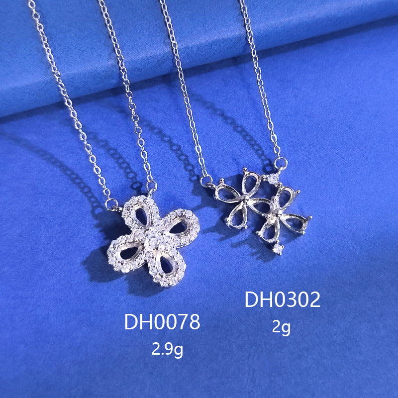 925 Sterling Silver Four-Leaf Clover Necklace Mount for 3x5mm Pear Gemstone, Unset Minimalist DIY