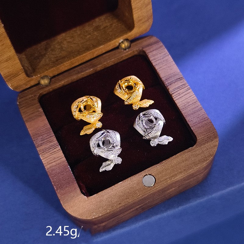 925 Sterling Silver Rose Earring Mount for 4mm Round Gemstone, Brushed Finish DIY
