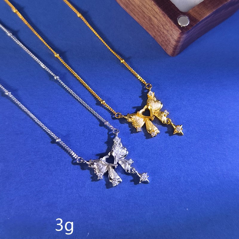 925 Sterling Silver Bow Necklace Mount for 5mm Heart Gemstone, Brushed Finish DIY Collarbone Chain