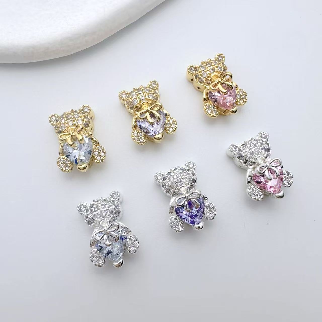 (2pcs)Bear Heart Shape Zircon Spacer