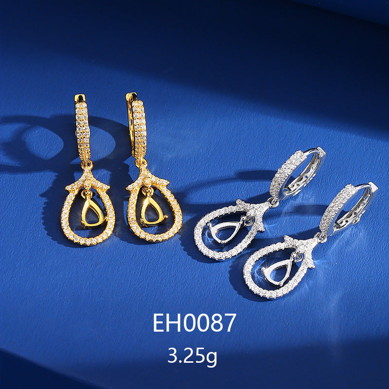 925 Sterling Silver Earrings Mount for 4x6mm Pear Gemstone, Fashion Versatile Full-Paved DIY