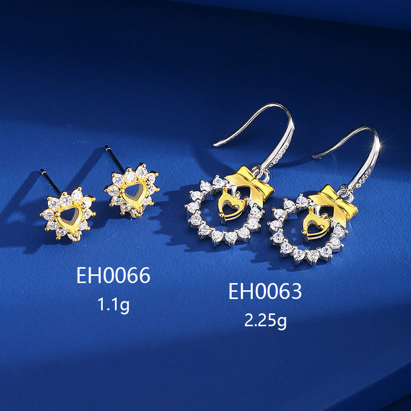925 Sterling Silver Earrings Mount for 4mm Heart Gemstone, Bow Full-Paved Minimalist Luxury DIY