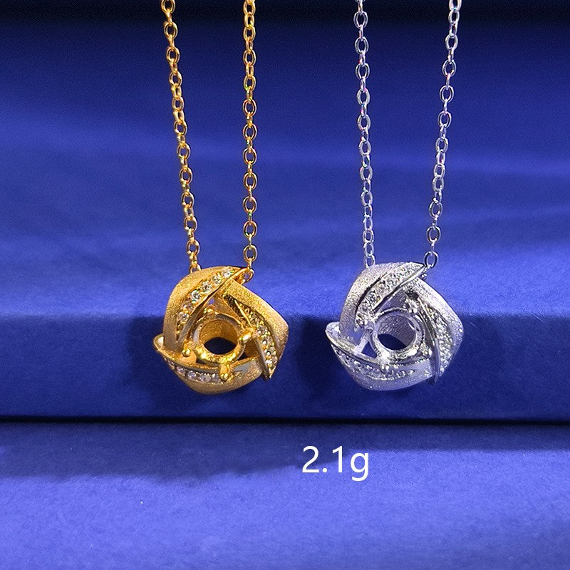 925 Sterling Silver Necklace Mount for 5mm Round Rose Pattern Gemstone, Brushed Finish DIY Collarbone Chain