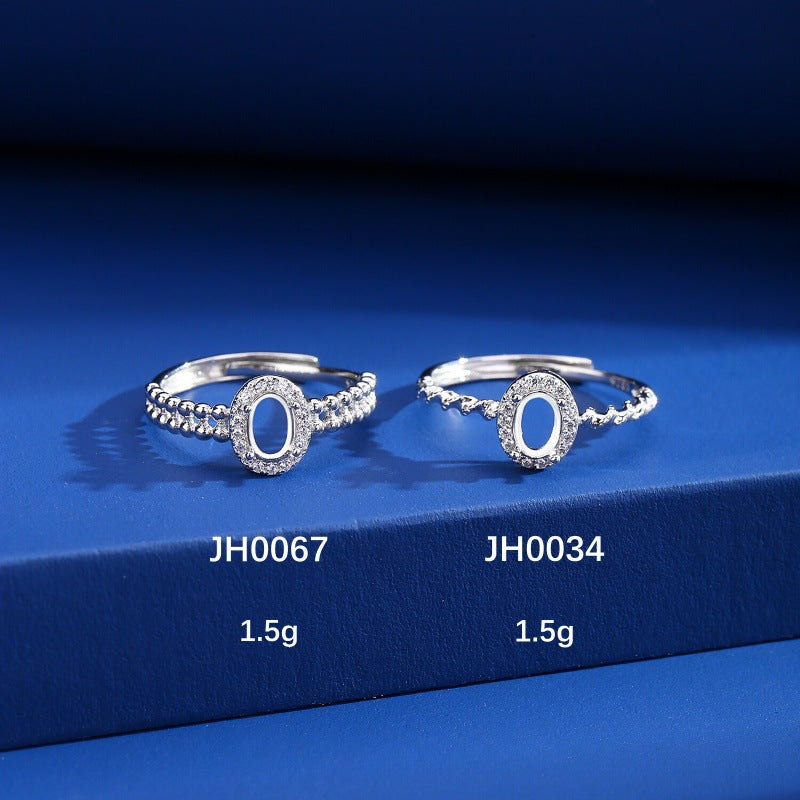 925 Sterling Silver Ring Mount for 4x6mm Oval Gemstone, Adjustable Open White Gold-Plated Shank