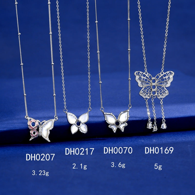 925 Sterling Silver Butterfly Necklace Mount for 4mm Round Mother-of-Pearl Gemstone, Minimalist DIY Collarbone Chain