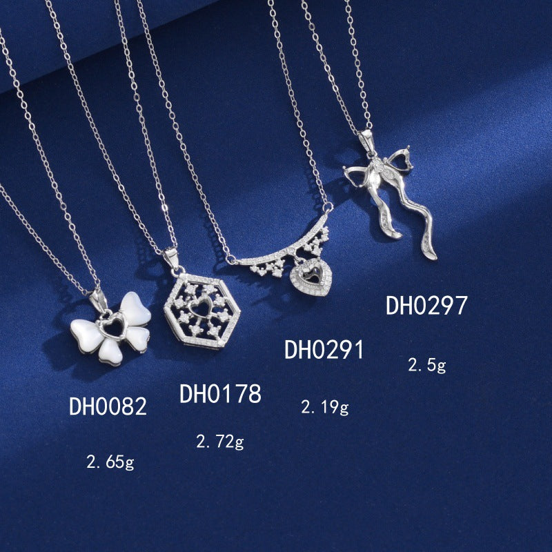 925 Sterling Silver Butterfly Mother-of-Pearl Necklace Mount for 5mm Heart Gemstone DIY Collarbone Chain