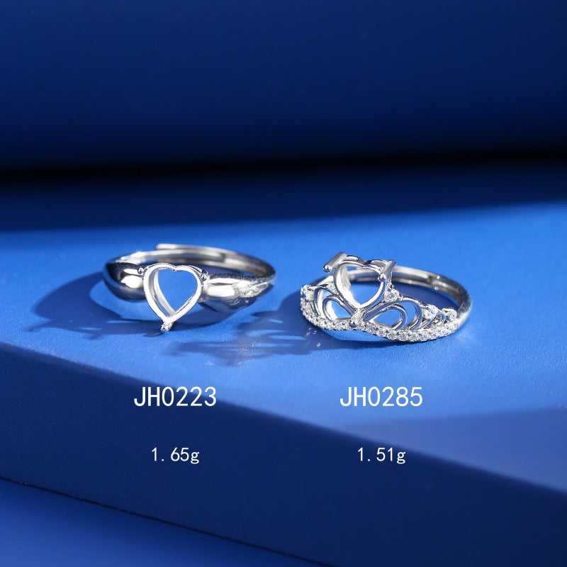 925 Sterling Silver Heart-Shaped Ring Mount for Jade/Crystal DIY