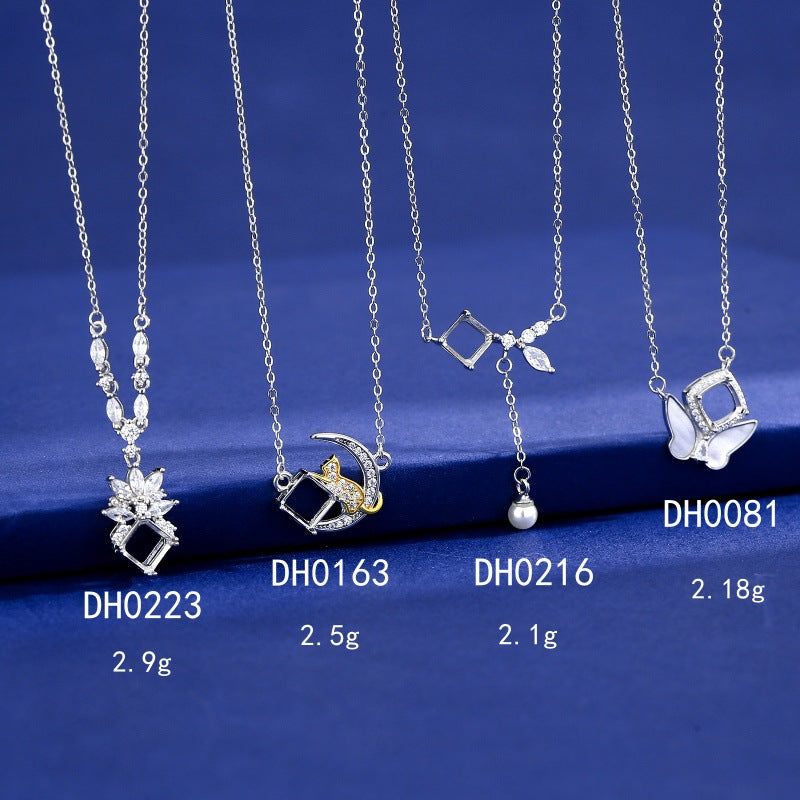 925 Sterling Silver Necklace Mount for 6mm Square Gemstone, Ins-Style Minimalist Designer Collarbone Chain