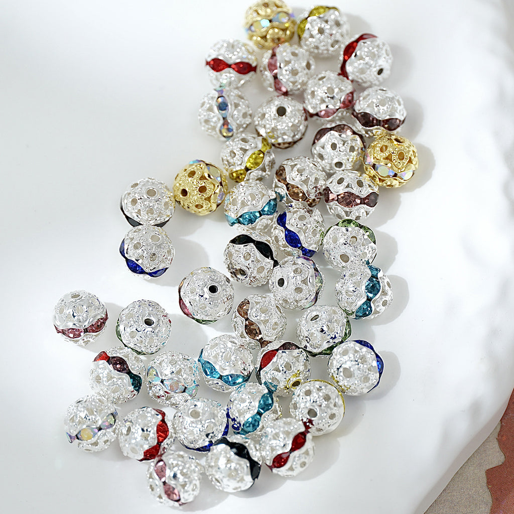 (50pcs)8mm Copper Hollow Floral Ball with Rhinestone Bead Caps / Spacers