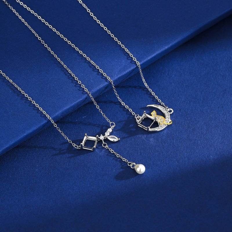 925 Sterling Silver Necklace Mount for 6mm Square Gemstone, Ins-Style Minimalist Designer Collarbone Chain