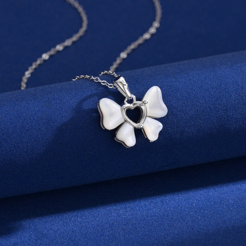 925 Sterling Silver Butterfly Mother-of-Pearl Necklace Mount for 5mm Heart Gemstone DIY Collarbone Chain